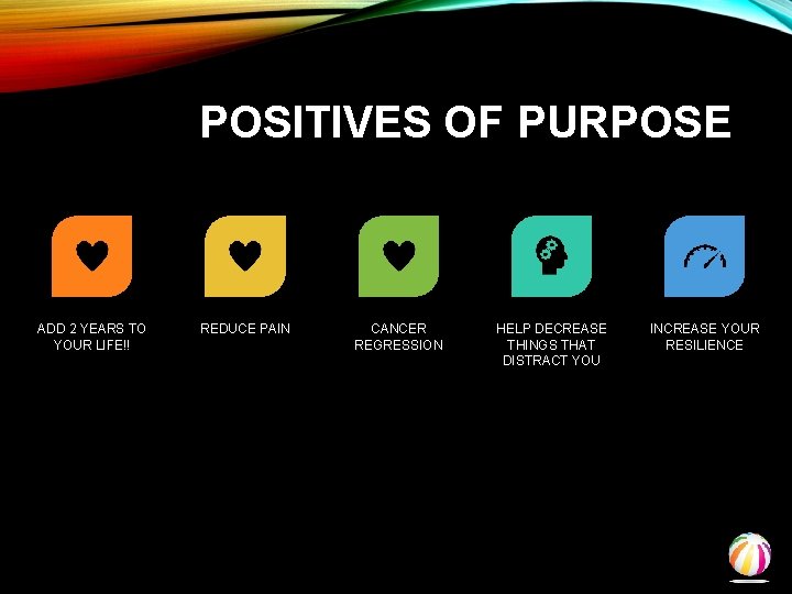 POSITIVES OF PURPOSE ADD 2 YEARS TO YOUR LIFE!! REDUCE PAIN CANCER REGRESSION HELP