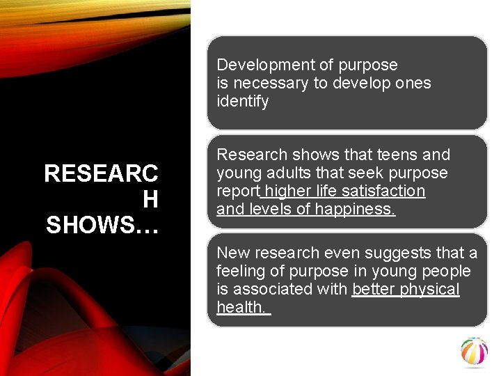 Development of purpose is necessary to develop ones identify RESEARC H SHOWS… Research shows