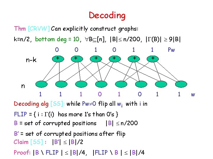 Decoding Thm [CRVW] Can explicitly construct graphs: k=n/2, bottom deg = 10, B [n],