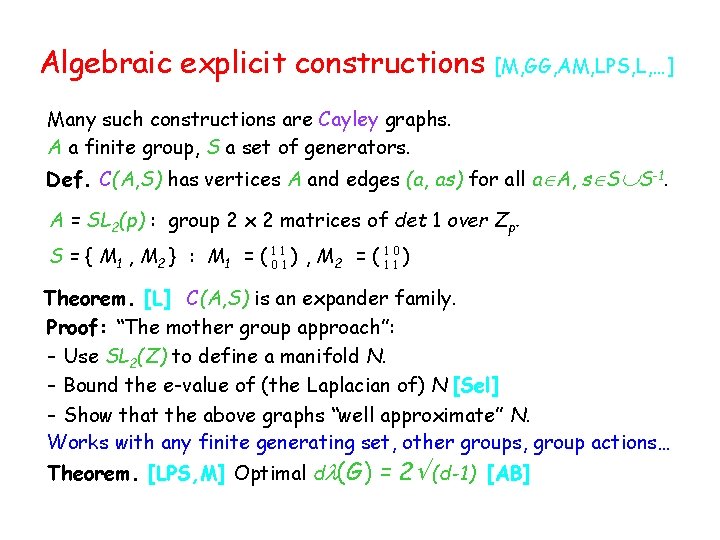 Algebraic explicit constructions [M, GG, AM, LPS, L, …] Many such constructions are Cayley