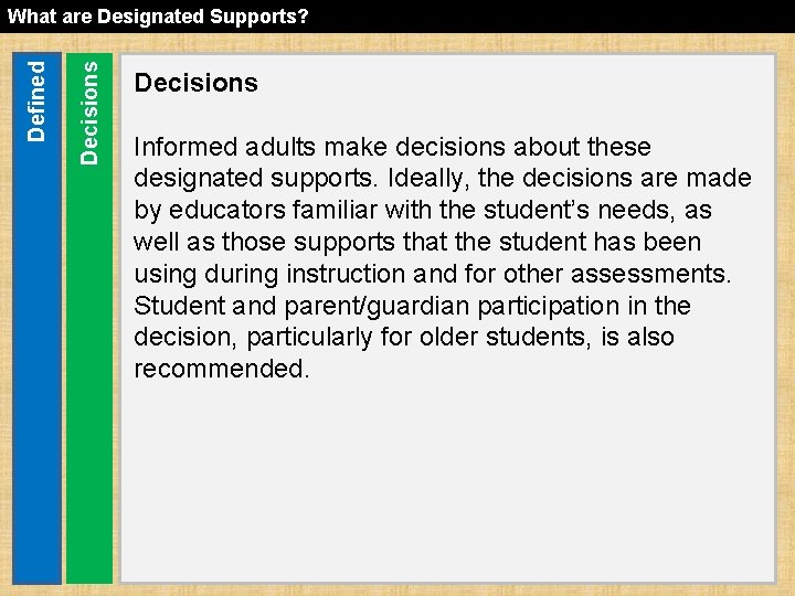 Decisions Defined What are Designated Supports? Decisions Informed adults make decisions about these designated
