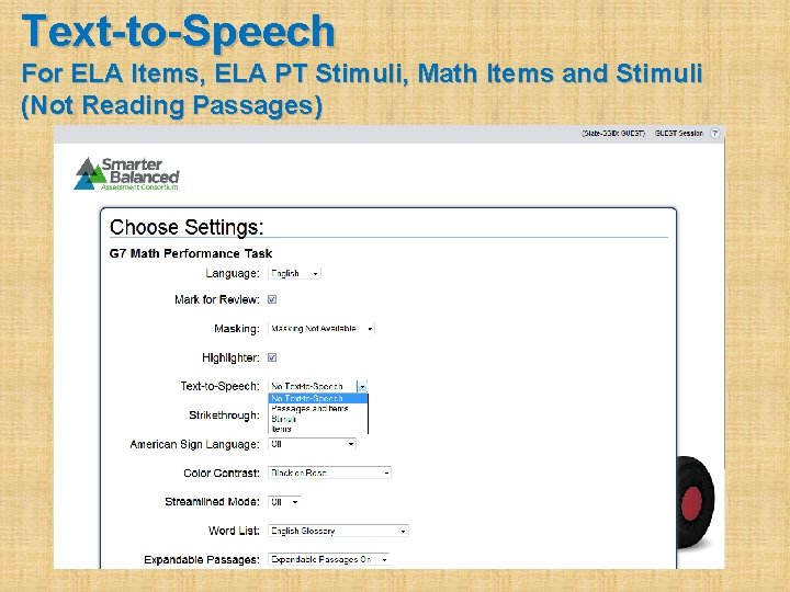 Text-to-Speech For ELA Items, ELA PT Stimuli, Math Items and Stimuli (Not Reading Passages)
