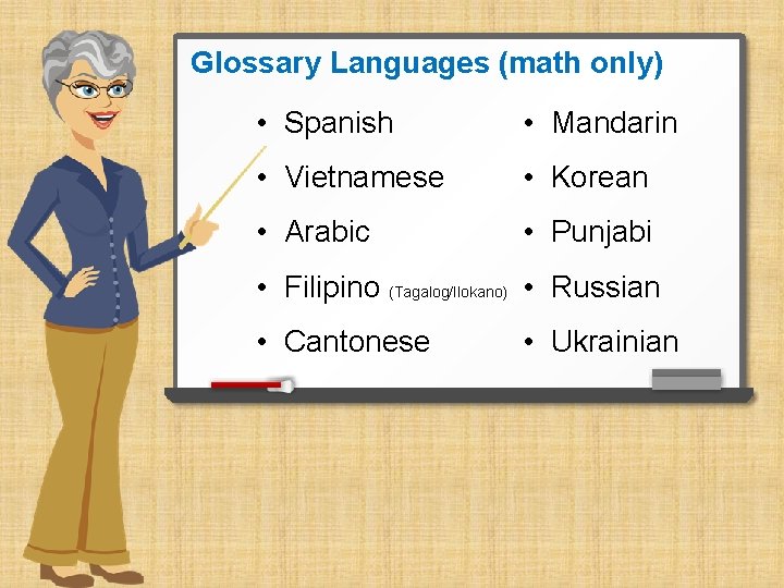 Glossary Languages (math only) • Spanish • Mandarin • Vietnamese • Korean • Arabic