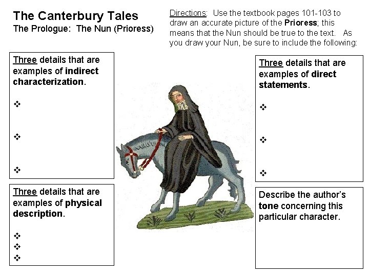 The Canterbury Tales The Prologue: The Nun (Prioress) Directions: Use the textbook pages 101