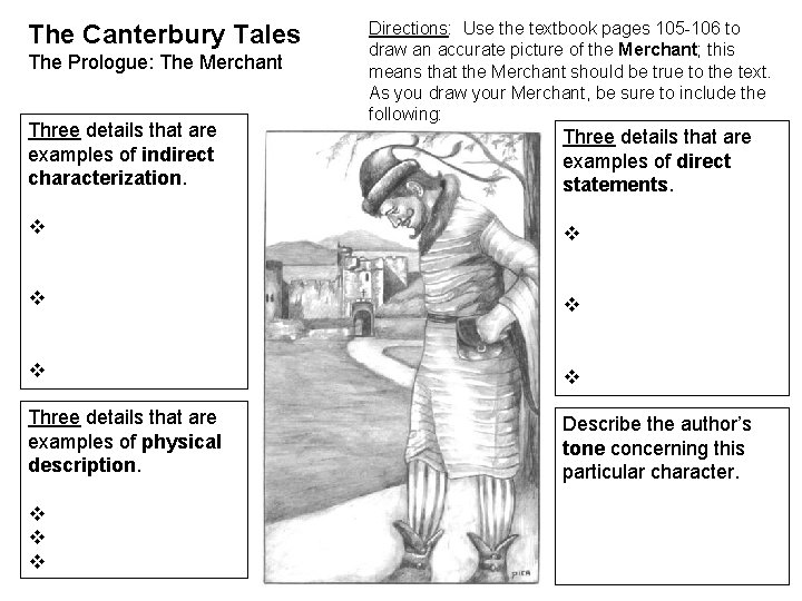 The Canterbury Tales The Prologue: The Merchant Three details that are examples of indirect