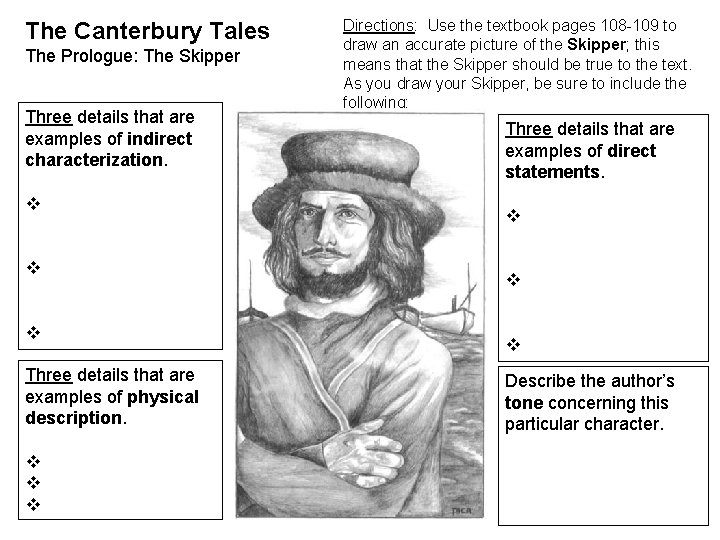 The Canterbury Tales The Prologue: The Skipper Three details that are examples of indirect
