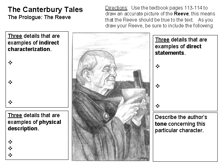 The Canterbury Tales The Prologue: The Reeve Three details that are examples of indirect