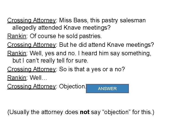 Crossing Attorney: Miss Bass, this pastry salesman allegedly attended Knave meetings? Rankin: Of course