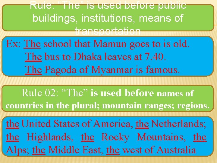 Rule: “The” is used before public buildings, institutions, means of transportation Ex: The school