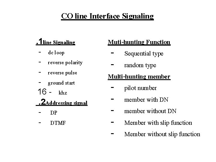 CO line Interface Signaling. 1 line Signaling - dc loop - reverse polarity -
