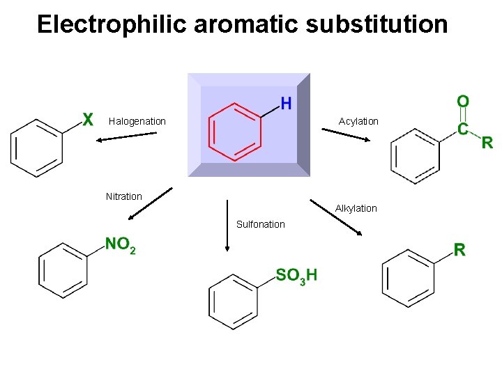 Electrophilic aromatic substitution Halogenation Acylation Nitration Alkylation Sulfonation 