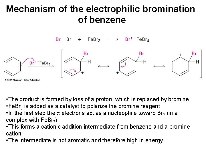Mechanism of the electrophilic bromination of benzene • The product is formed by loss