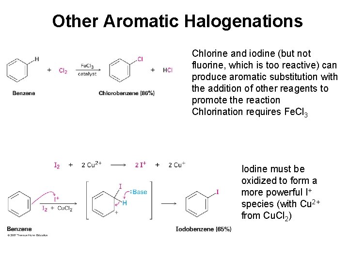 Other Aromatic Halogenations Chlorine and iodine (but not fluorine, which is too reactive) can