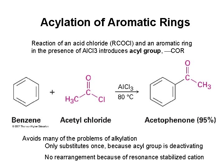 Acylation of Aromatic Rings Reaction of an acid chloride (RCOCl) and an aromatic ring