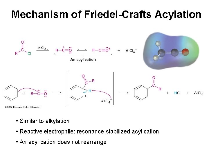 Mechanism of Friedel-Crafts Acylation • Similar to alkylation • Reactive electrophile: resonance-stabilized acyl cation