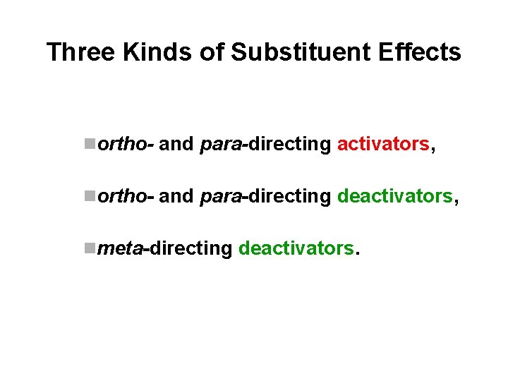 Three Kinds of Substituent Effects northo- and para-directing activators, northo- and para-directing deactivators, nmeta-directing