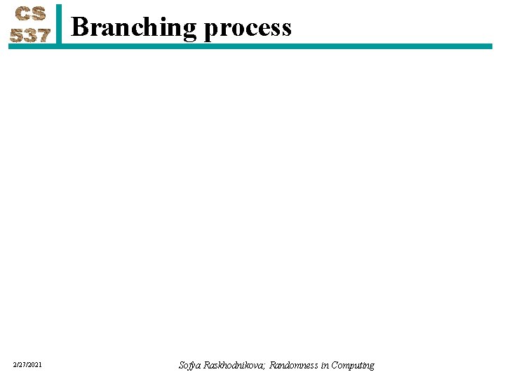 Branching process 2/27/2021 Sofya Raskhodnikova; Randomness in Computing 
