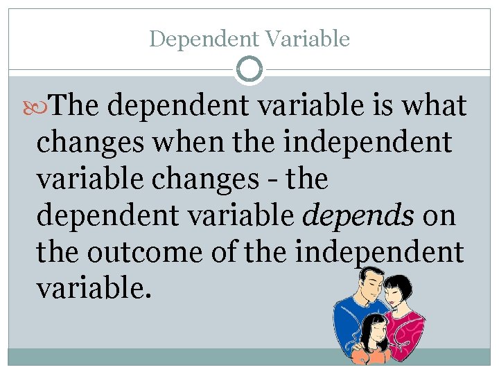 Dependent Variable The dependent variable is what changes when the independent variable changes -