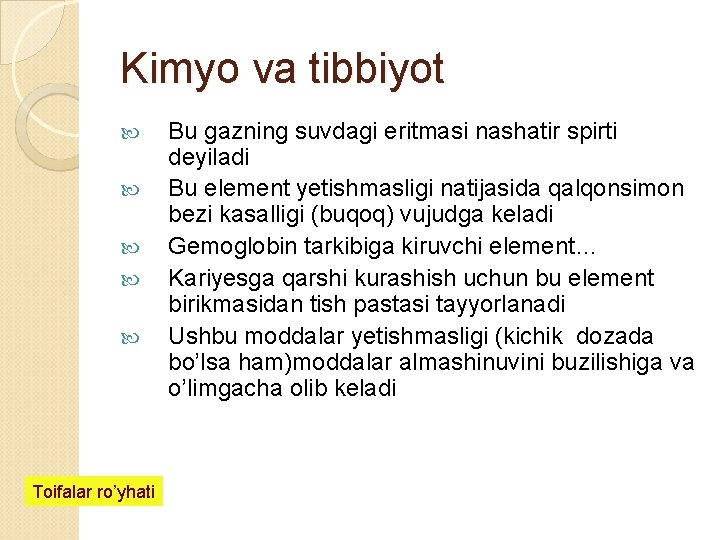 Kimyo va tibbiyot Toifalar ro’yhati Bu gazning suvdagi eritmasi nashatir spirti deyiladi Bu element