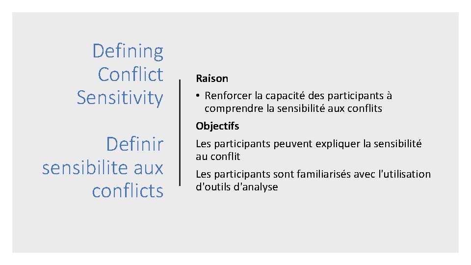 Defining Conflict Sensitivity Definir sensibilite aux conflicts Raison • Renforcer la capacité des participants