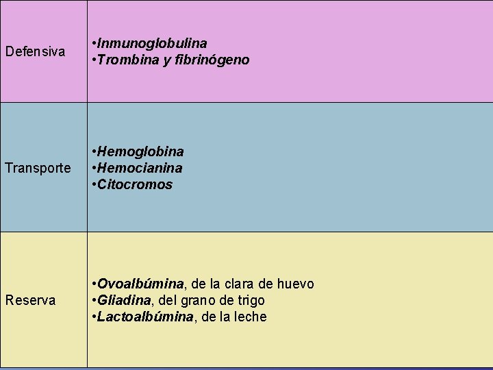 Defensiva • Inmunoglobulina • Trombina y fibrinógeno Transporte • Hemoglobina • Hemocianina • Citocromos