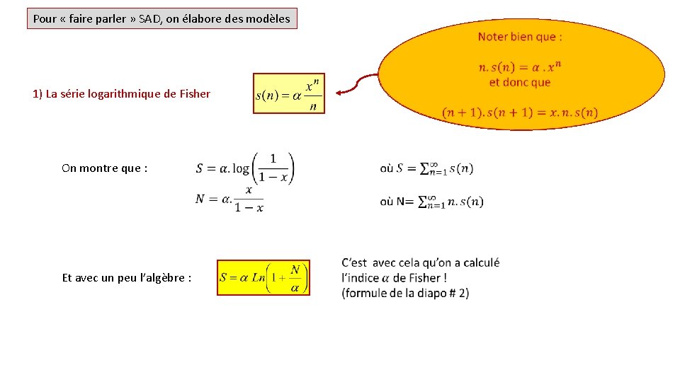 Pour « faire parler » SAD, on élabore des modèles 1) La série logarithmique