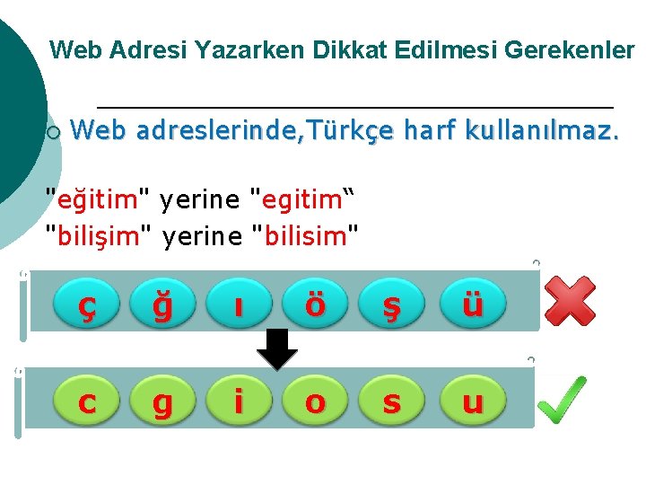 Web Adresi Yazarken Dikkat Edilmesi Gerekenler ¡ Web adreslerinde, Türkçe harf kullanılmaz. "eğitim" yerine
