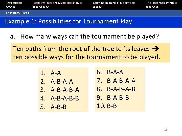 Introduction Possibility Trees and Multiplication Rule Counting Elements of Disjoint Sets The Pigeonhole Principle Introduction Possibility Trees and Multiplication Rule Counting Elements of Disjoint Sets The Pigeonhole Principle