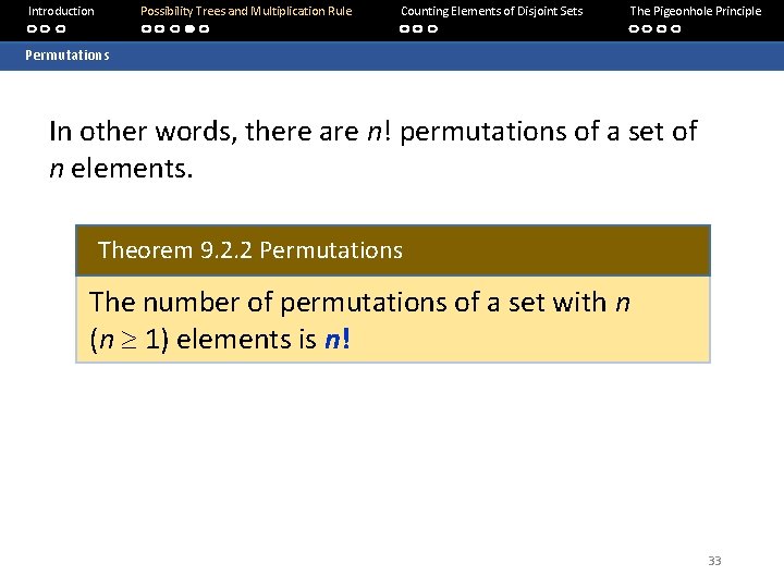 Introduction Possibility Trees and Multiplication Rule Counting Elements of Disjoint Sets The Pigeonhole Principle Introduction Possibility Trees and Multiplication Rule Counting Elements of Disjoint Sets The Pigeonhole Principle