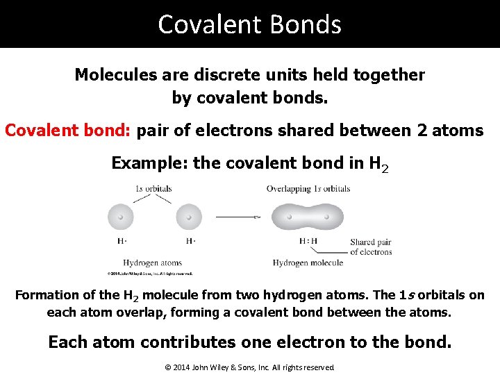 Covalent Bonds Molecules are discrete units held together by covalent bonds. Covalent bond: pair