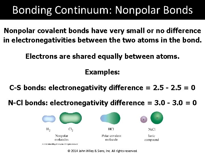 Bonding Continuum: Nonpolar Bonds Nonpolar covalent bonds have very small or no difference in