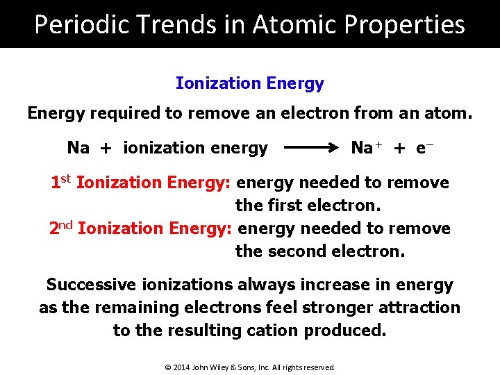 Periodic Trends in Atomic Properties Ionization Energy required to remove an electron from an