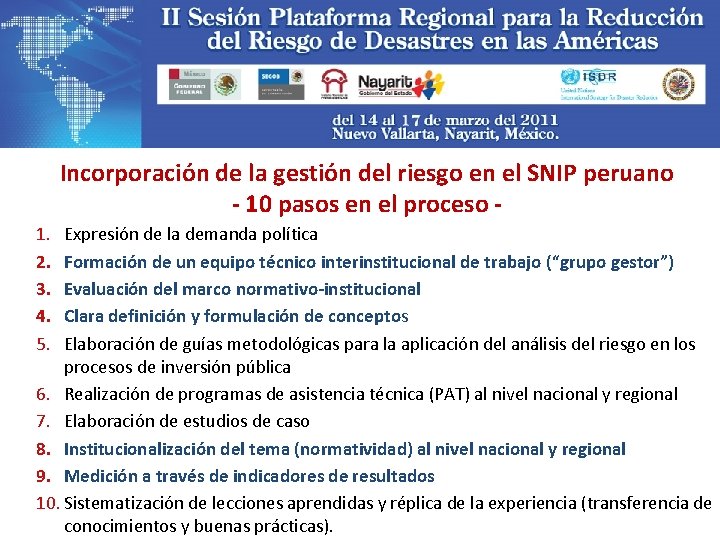 Incorporación de la gestión del riesgo en el SNIP peruano - 10 pasos en