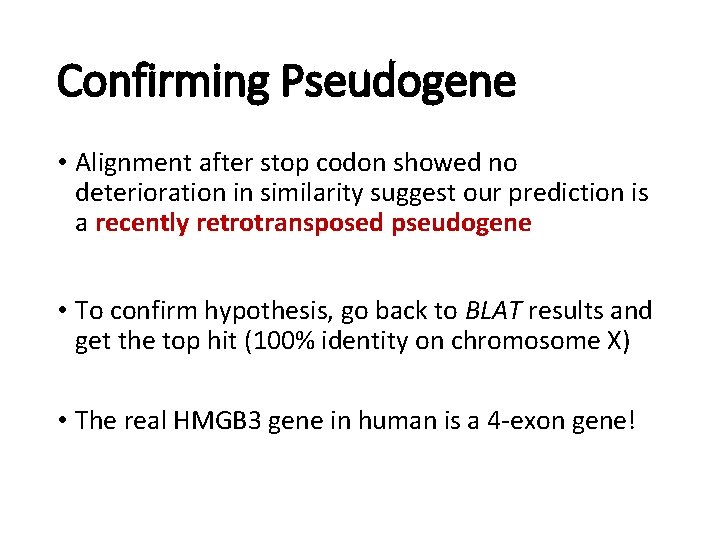 Confirming Pseudogene • Alignment after stop codon showed no deterioration in similarity suggest our