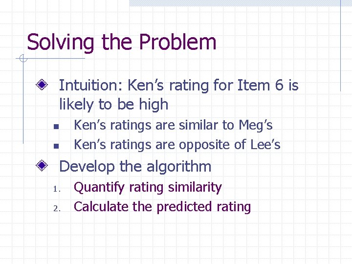 Solving the Problem Intuition: Ken’s rating for Item 6 is likely to be high