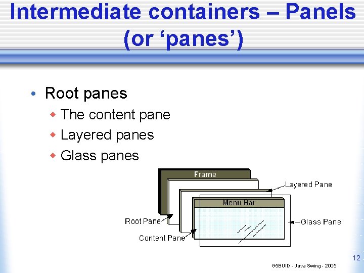 Intermediate containers – Panels (or ‘panes’) • Root panes w The content pane w