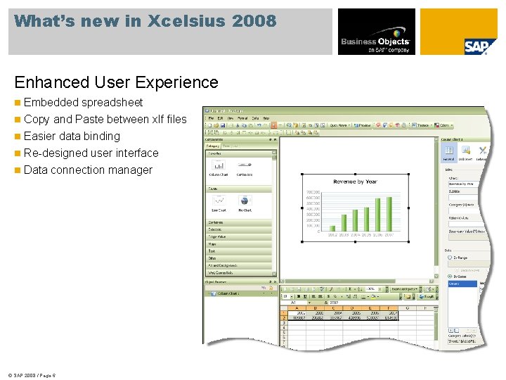 What’s new in Xcelsius 2008 Enhanced User Experience n Embedded spreadsheet n Copy and