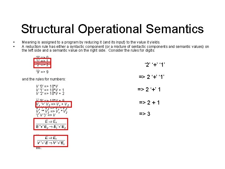 Structural Operational Semantics • • Meaning is assigned to a program by reducing it