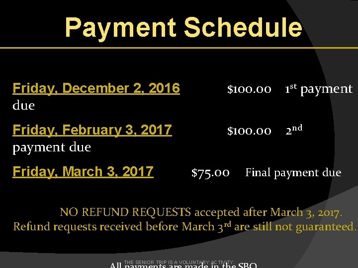 Payment Schedule Friday, December 2, 2016 due $100. 00 1 st payment Friday, February