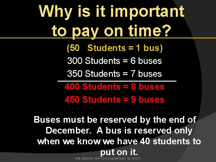 Why is it important to pay on time? (50 Students = 1 bus) 300