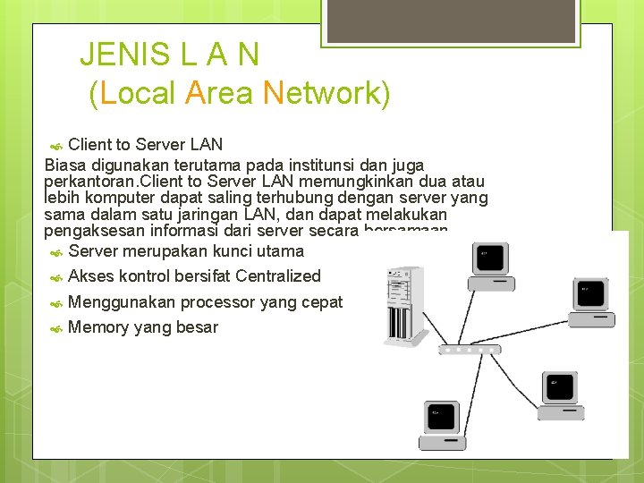 JENIS L A N (Local Area Network) Client to Server LAN Biasa digunakan terutama