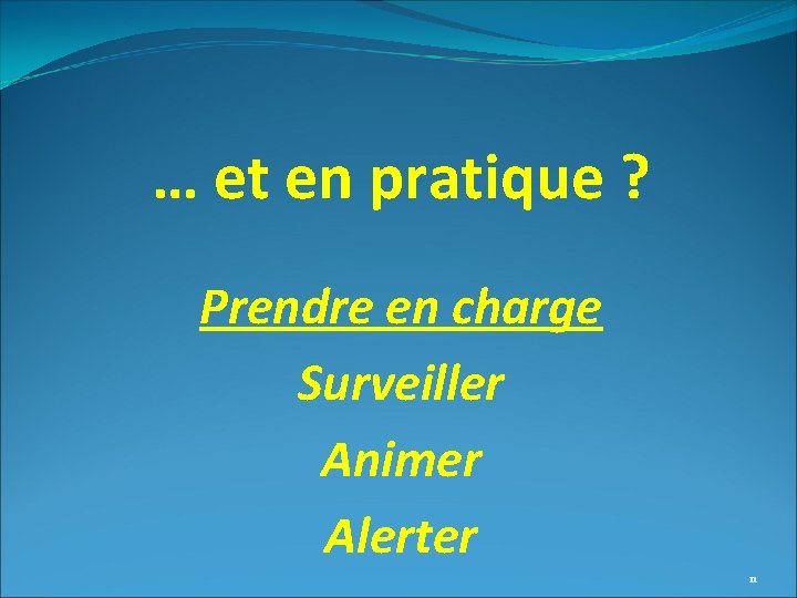 … et en pratique ? Prendre en charge Surveiller Animer Alerter 11 