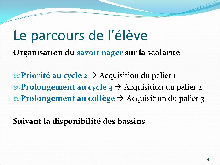 Le parcours de l’élève Organisation du savoir nager sur la scolarité Priorité au cycle