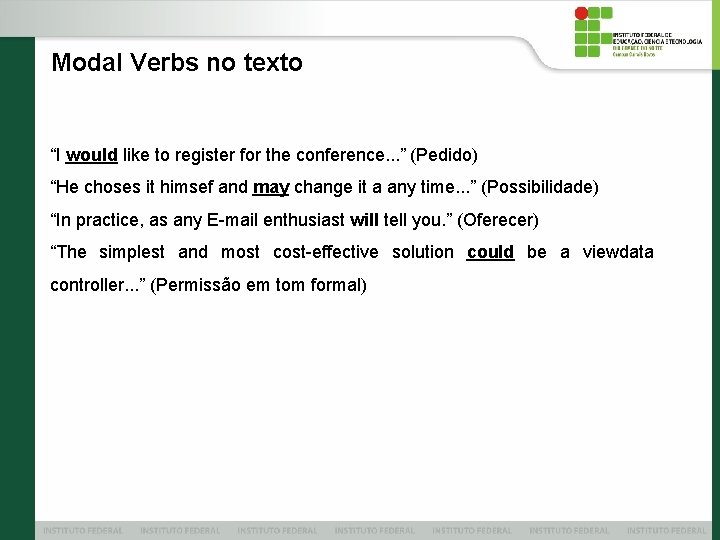 Modal Verbs no texto “I would like to register for the conference. . .