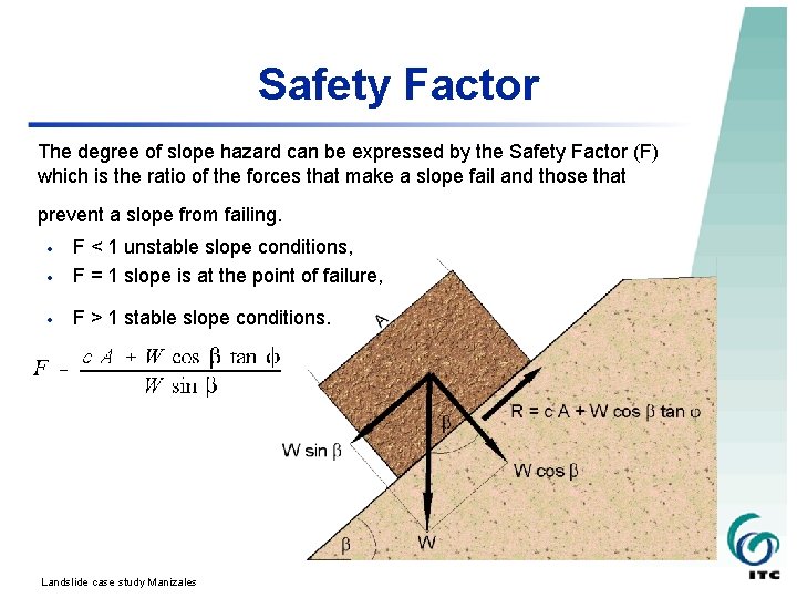 Safety Factor The degree of slope hazard can be expressed by the Safety Factor