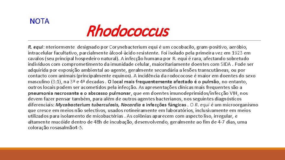 NOTA Rhodococcus R. equi: nteriormente designado por Corynebacterium equi é um cocobacilo, gram-positivo, aeróbio,