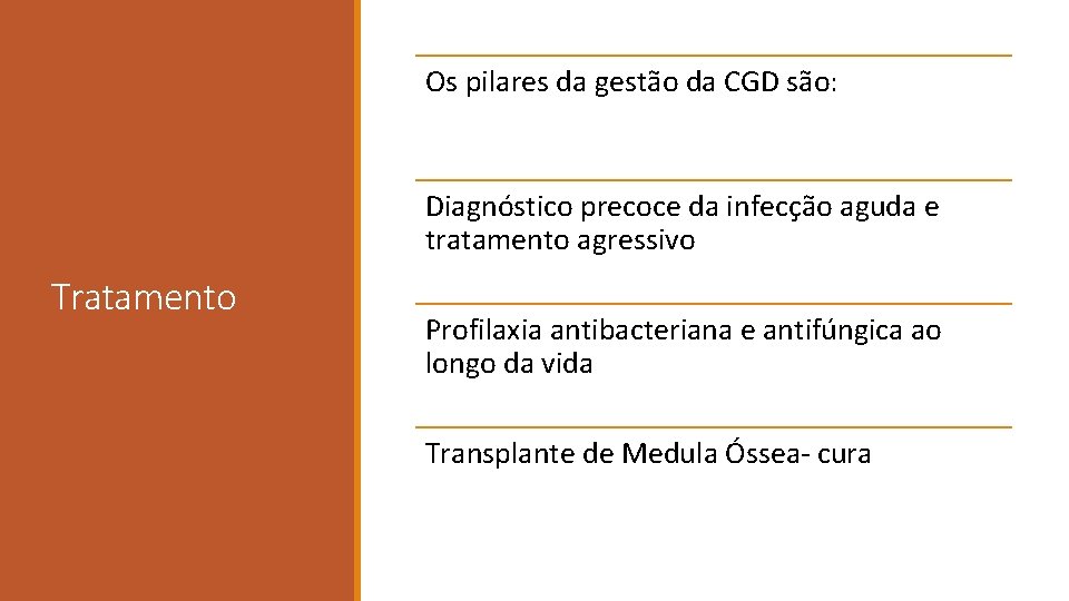 Os pilares da gestão da CGD são: Diagnóstico precoce da infecção aguda e tratamento