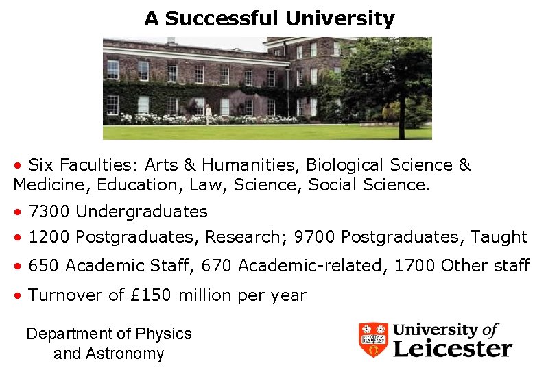 A Successful University • Six Faculties: Arts & Humanities, Biological Science & Medicine, Education,
