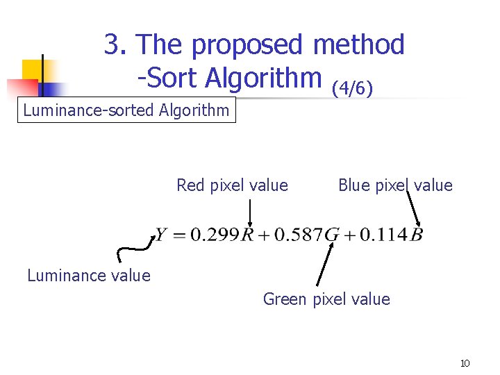 3. The proposed method -Sort Algorithm (4/6) Luminance-sorted Algorithm Red pixel value Blue pixel