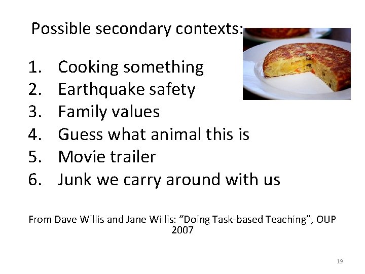 Possible secondary contexts: 1. 2. 3. 4. 5. 6. Cooking something Earthquake safety Family